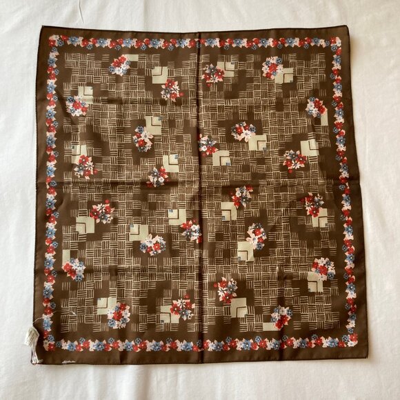 Vintage Italian Womens Scarf Geometric Floral Square Polyester Brown Blue Pink - Picture 9 of 11